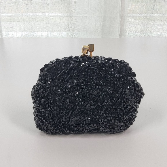 Vintage Handmade Hong Kong Small Kiss Lock Beaded Black Sequin Coin Purse Bag 4" - Picture 3 of 6